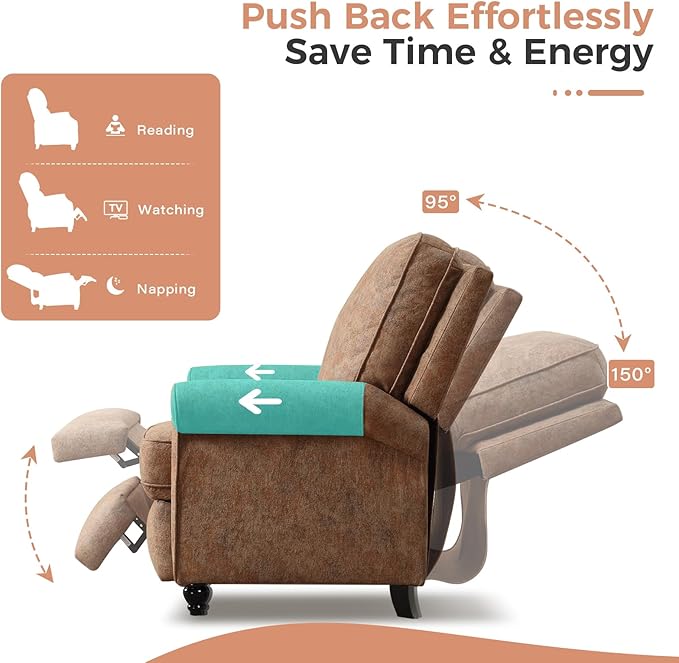 ANJ Push Back Recliner Chair, Textured Fabric Overstuffed Wingback Recliner, Adjustable Pushback Chair with Padded Seat and Back, Single Reclining Sofa for Living Room, Bedroom(Retro Brown)