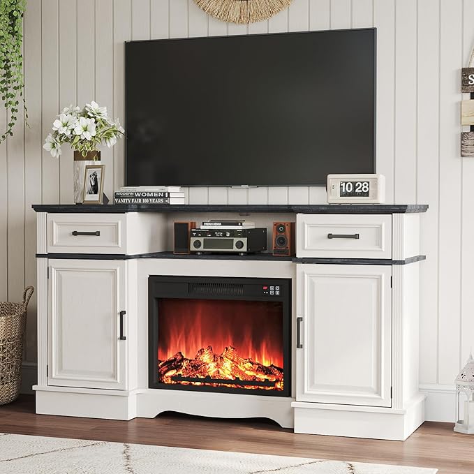 Maupvit TV Stands Farmhouse Entertainment Center for Televisions up to 65 Inch, Console Table Media Furniture with 2 Storage Cabinets and 2 Barn Door, Rustic TV Cabinet for Living Room, White