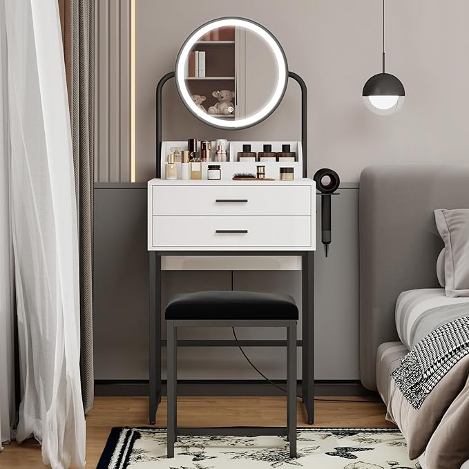 ARTETHYS Small Vanity Desk with Lighted Mirror and Lights Compact Makeup Set with Drawers for Bedroom Mini White Modern Dressing Table with Chair