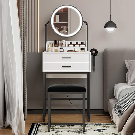 ARTETHYS Small Vanity Desk with Lighted Mirror and Lights Compact Makeup Set with Drawers for Bedroom Mini White Modern Dressing Table with Chair