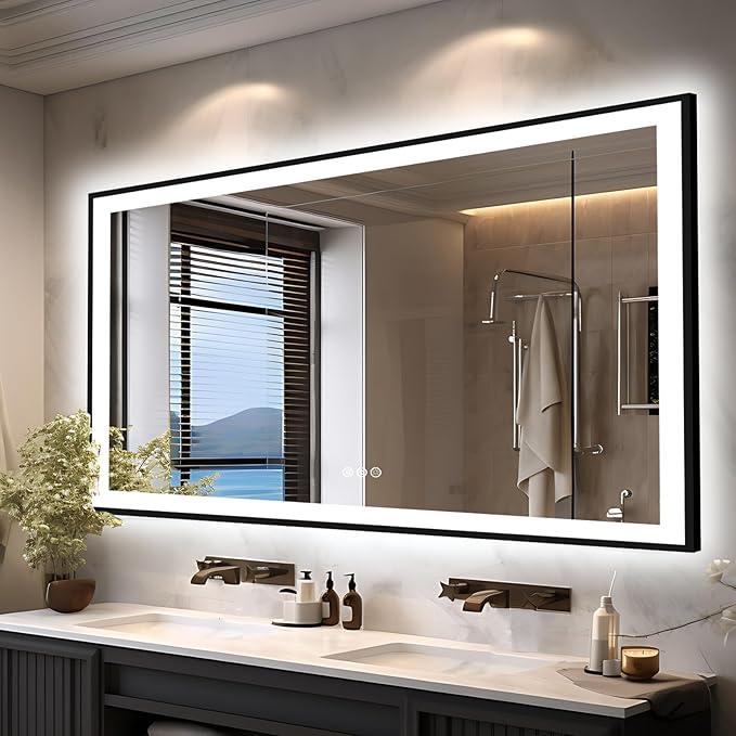 66x36 LED Lit Bathroom Mirror - Black Framed, Front and Backlit LED Mirror, Anti-Fog Bathroom Mirror with Lights, 3 Colors Stepless Dimmable Mirror, Touch Sense (Horizontal/Vertical)