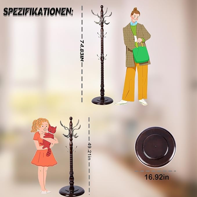 73 in Wood Coat Rack, Coat Rack Freestanding with Stable Round Base, Adjustable Height Tree Coat Racks Stand for Home Bedroom Office Hallway Entryway (Fenghuang Gou Rosewood)