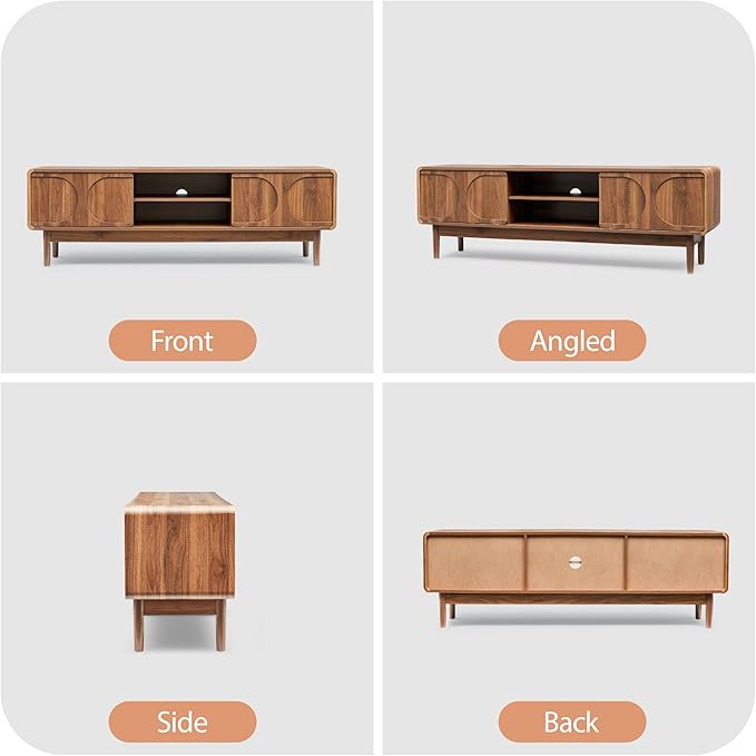 Mid-Century Wood TV Stand Cabinet for Television 55/60/65 Inch, 59" Long TV Console with Adjustable Storage Shelf and Arch Sliding Door, Media Center Cabinet for Living Room, Bedroom (Wanlnut)