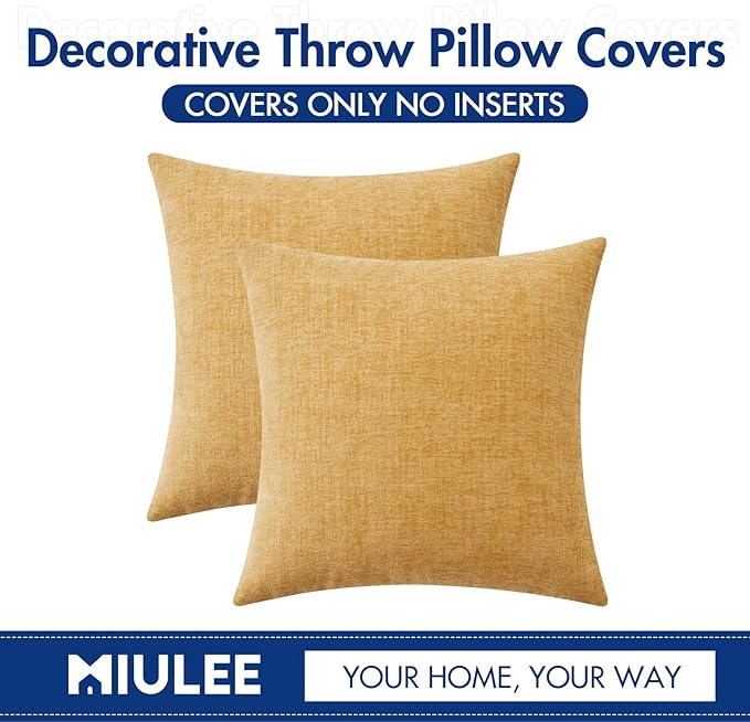 MIULEE Pack of 2 Couch Throw Pillow Covers 18x18 Inch Soft Gold Chenille Pillow Covers for Sofa Living Room Solid Dyed Pillow Cases