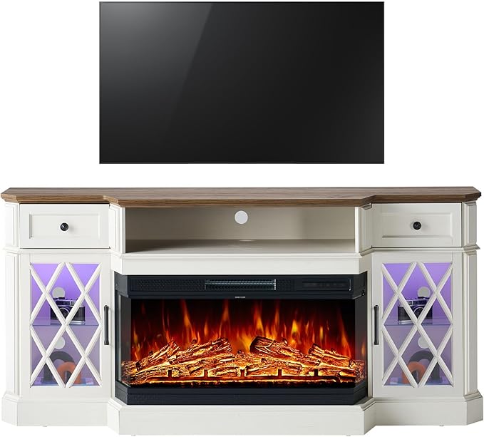Farmhouse TV Stand with 3-Sided Glass Fireplace, 70" Entertainment Center for TVs up to 80", TV Stand with Glass Doors/Adjustable 12 Color Flame for Living Room, Distressed White