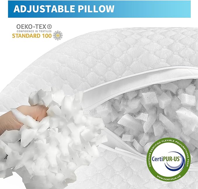 Shredded Memory Foam Bed Pillows, Standard Size Set of 2, Cooling Pillows for Side, Back and Stomach Sleepers, Washable Removable Cover