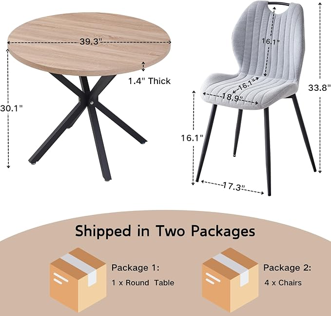 39" Round Dining Table Set for 4, Mid Century Kitchen Table with 4 Fabric Upholstered Dining Chairs for Apartment Living Room Space Saving