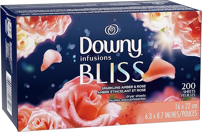 Downy Infusions Dryer Sheets, Laundry Fabric Softener, Bliss, Sparkling Amber & Rose, 200 count.