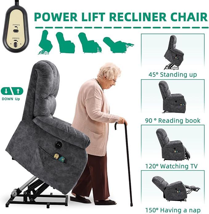 VIVIJASON Large Power Lift Recliner Chair with Heat & Massage for Elderly Big People, Overstuffed Wide Electric Lift Chair with Extended Footrest, 2 Remote Controls, Side Pockets & USB Ports, Gray