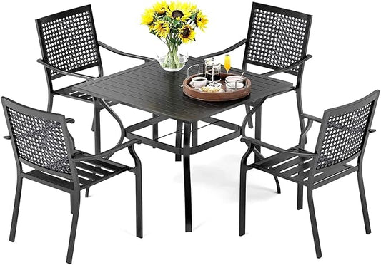 PHI VILLA 5-Piece Outdoor Meal Set for 4: Square Wrought Iron Table & Stackable Chairs, Heavy-Duty Dining Furniture for Patio, Deck, Backyard, Porch