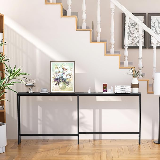 VASMIA 70.9 Inch Narrow Console Table with Outlet,Bamboo Sofa Table,Behind Couch Table,Skinny Hallway Table for Entryway Living Room,Foyer,Black