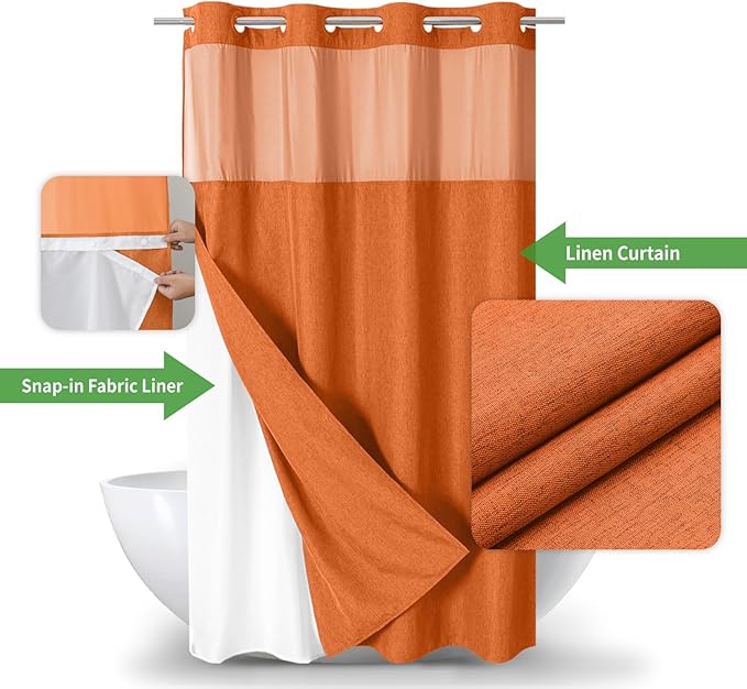 Stall No Hooks Needed Linen Textured Shower Curtain with Snap-in Fabric Liner Set,Hotel Luxury Decor Farmhouse Shower Curtains for Bathroom,Waterproof & Washable,54Wx80H,Burnt Orange