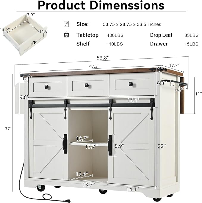 53.7" Farmhouse Mobile Kitchen Island Cart with Drop Leaf, Storage Island with Sliding Barn Door,Rolling Home Cart on Wheel Breakfast Bar Table with Power Outlet,3 Drawer,Cabinet,Tower Rack(White)