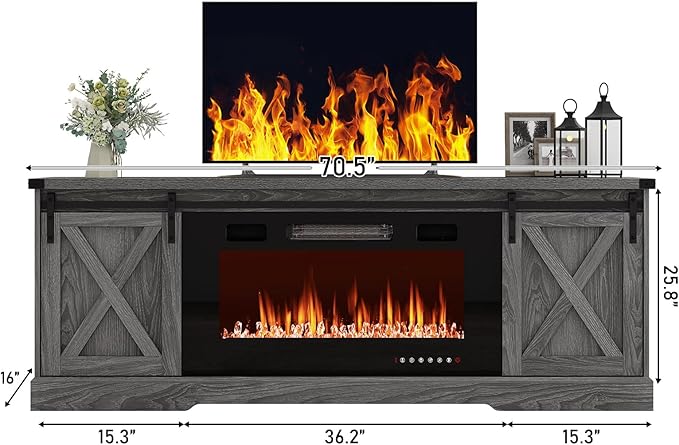 Farmhouse Fireplace TV Stand for 70/75/80 Inch TV, 70 inch Entertainment Center Storage Cabinets with 36”Electric Fireplace and Sliding Barn Doors, Media Console Cabinet for Living Room, Grey