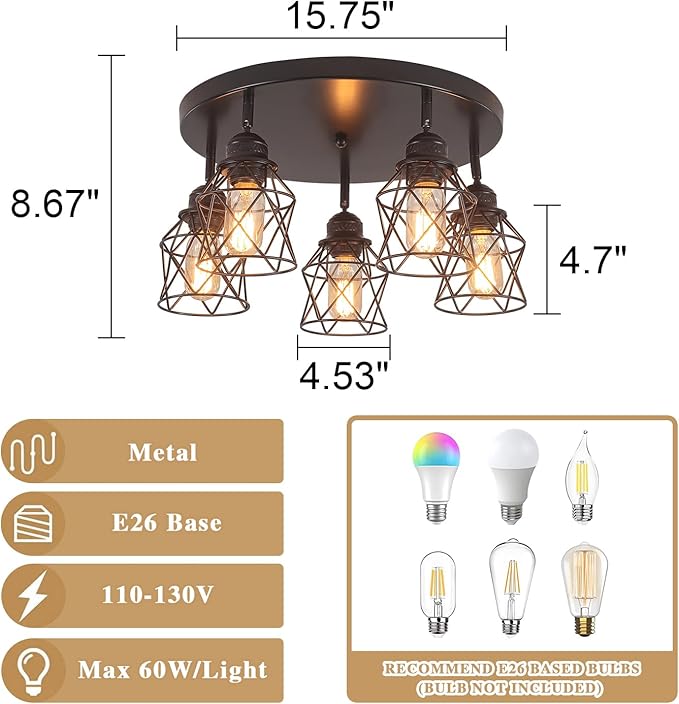 5-Lights Kitchen Light Fixtures Ceiling Mount, Adjustable Multi-Directional Black Flush Mount Ceiling Light, Retro Metal Cage Farmhouse Close to Ceiling Light Fixture for Hallway Dining Room Entryway