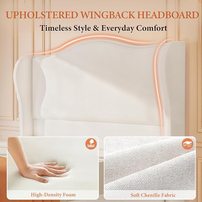 Queen Bed Frame Chenille Upholstered Platform Bed with Headboard and Footboard, 51" High Deep Tufted Wingback Sleigh Upholstered Bed, Modern Retro Minimalist Style, Easy Assembly, Cream