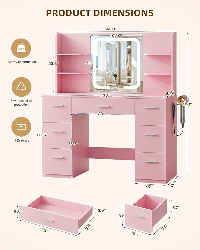 Large Makeup Vanity Desk, 43.3“W x 15.7”D x 53.2“H, Pink (Large Desktop, Samrt LED Mirror, 4 Open Shelves, 7 Drawers, Hairdryer Rack, Power-Outlet)