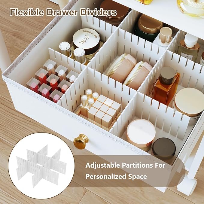 Floor Makeup Organizer with Lockable Wheels & 8 Dividers, 2-Drawer Rolling Skincare Cart for Cosmetics/Perfume/Nail Polish, Mobile Vanity Storage - White (Bathroom/Bedroom Use)