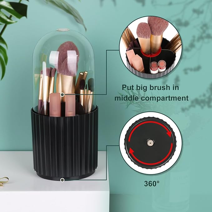 JessLab Makeup Brush Holder Organizer with Lid, 360 Degree Rotatable Spinning Cosmetics Holder Display for Bathroom Vanity Countertop, Black