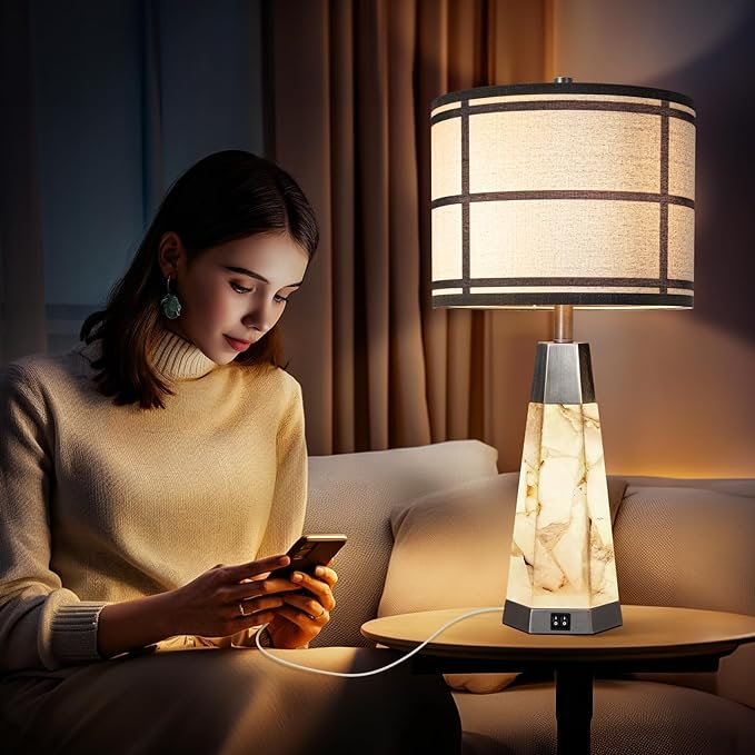 27" Natural Alabaster Table Lamps for Living Room, Bedroom Lamps Set of 2 with Night Light, Living Room Lamps with USB A+C Ports, Table Lamp with Linen Shade for Bedside (Bulbs Included)