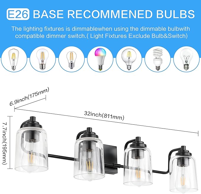 Solfart 4 Lights Matt Black Bathroom Vanity Lights Over Mirror