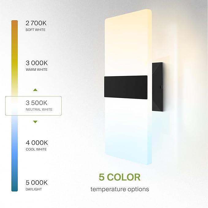 ASD 14 Inch LED Indoor Wall Sconce - Modern Interior 24W 120V 2700K-5000K Adjustable Dimmable Wall Mounted Light Fixtures, Acrylic Glass Wall Lights for Stairway, Hallway - ETL, Matte Black