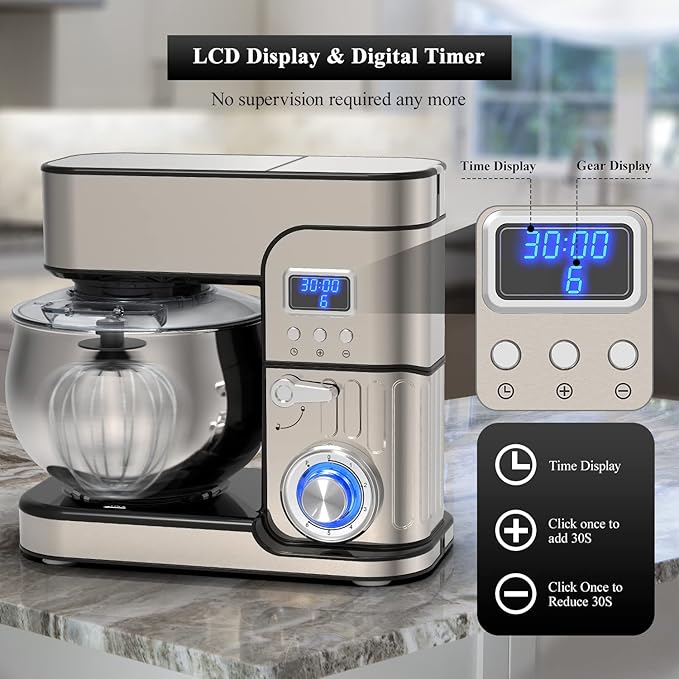 6-IN-1 Stand Mixer, LCD Display Kitchen Electric Mixer, 6.5QT Stainless Steel Bowl, Multi-Function Kitchen Blender With Dough Hook, Whisk, Beater, Meat Grinder, Splash Guard