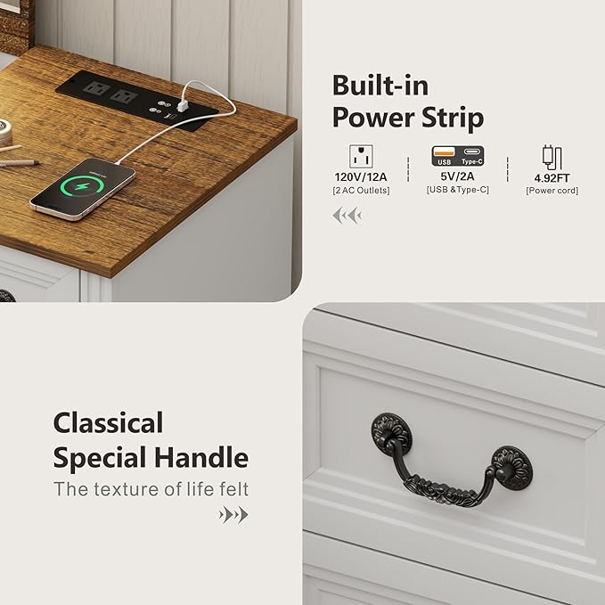 Farmhouse Vanity Desk with Flip up Vanity Mirror and Lights,Rustic Makeup Vanity with Charging Station and Hidden Drawer,Vanity Table Set with Drawers/6-Compartment/Cabinets,White