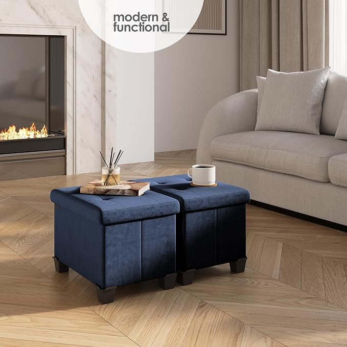 STORAGEBUD Storage Ottoman Cube with Small Bin, 16-in Square Ottoman with Storage for Living Room and Bedroom, Small Ottomans Foot Rest, Velvet Foot Stools Ottomans Max 330lbs, Blue