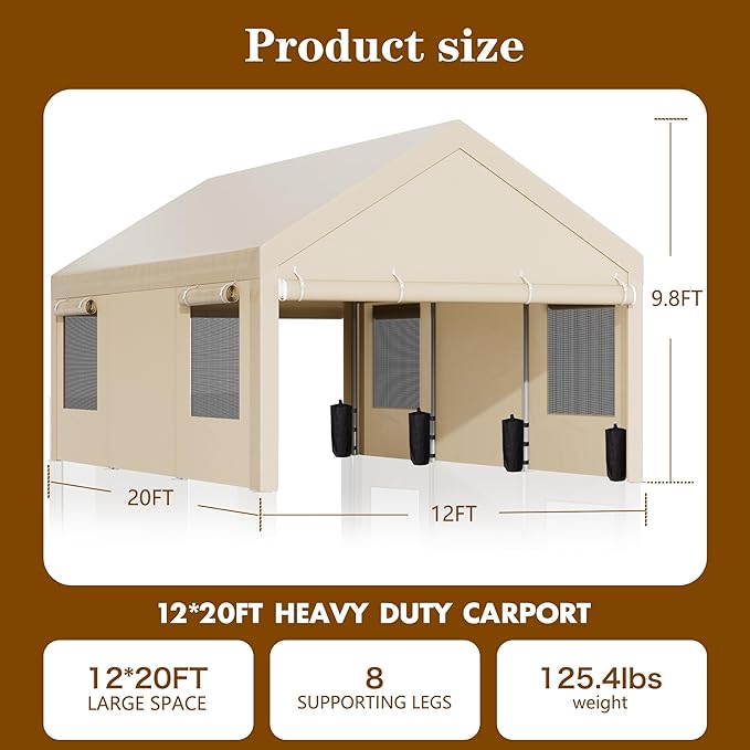 Walsunny Carport, 12x20 ft Heavy Duty Carport Canopy with Roll-up Windows, Portable Garage with Removable Sidewalls & Doors, Car Canopy with All-Season Tarp for Car, Truck, Boat
