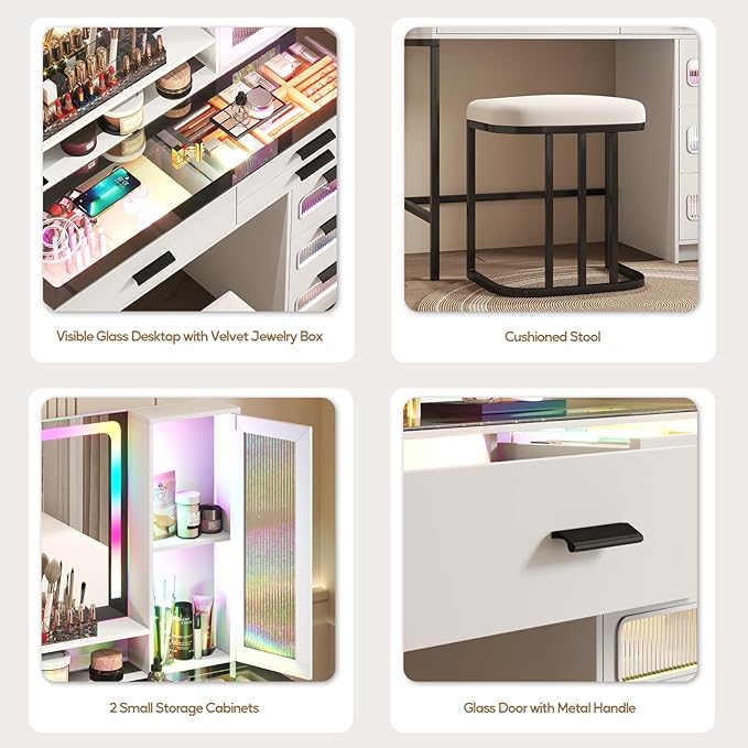 RGB Vanity Desk with Mirror and Lights, Glass Top Makeup Vanity with 6 Drawers & Wireless Charging,Vanity Table Set with RGB Cabinet Light and Jewelry Box, for Girls Bedroom, White