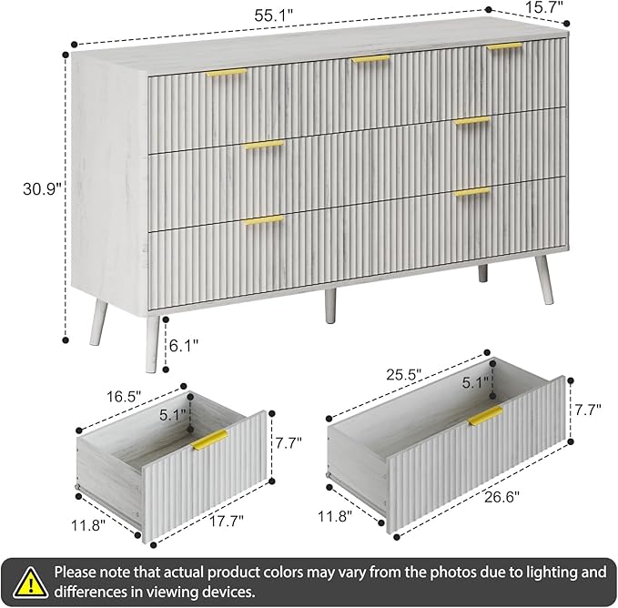LYNSOM 55" Wide Fluted Dresser for Bedroom with 7 Drawer, Modern Chest of Drawers with Curved Profile Design and Metal Handles, Wood Dresser TV Stand & Storage Organizer for Living Room, White