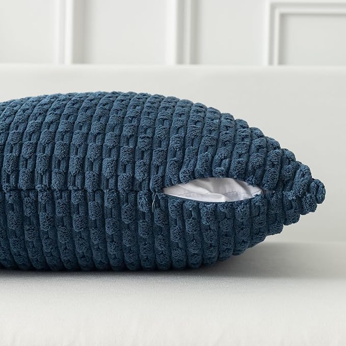 Kevin Textile Pack of 2 Corduroy Decorative Throw Pillow Covers 12x20 Inch Soft Boho Striped Pillow Covers Modern Farmhouse Home Decor for Autumn Sofa Living Room Couch Bed Blue