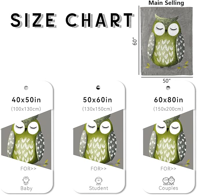 Cute Green Owl Blanket, Cozy Flannel Sleepy Cartoon Owls Throw Blanket for Couch Outdoor, Plush Soft Lightweight Travel Blankets for Bed Decor and Gifts, for Women Adults Boys Kids 50"x60"