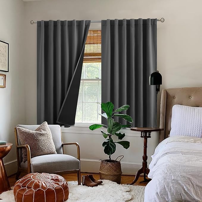 BGment 100% Room Darkening Thermal Insulated Blackout Curtains 45 Inches Long for Bedroom, Rod Pocket and Back Tab Double Layer Noise Cancelling Curtain with Liner (52 x 45 Inch, 2 Panels, Dark Grey)