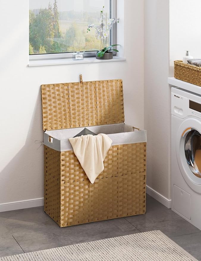 Greenstell Laundry Hamper with lid, No Install Needed, 130L Wicker Laundry Baskets Foldable 2 Removable Liner Bags, 2 Section Clothes Hamper Handwoven Rattan Laundry Basket with Handles, Natural