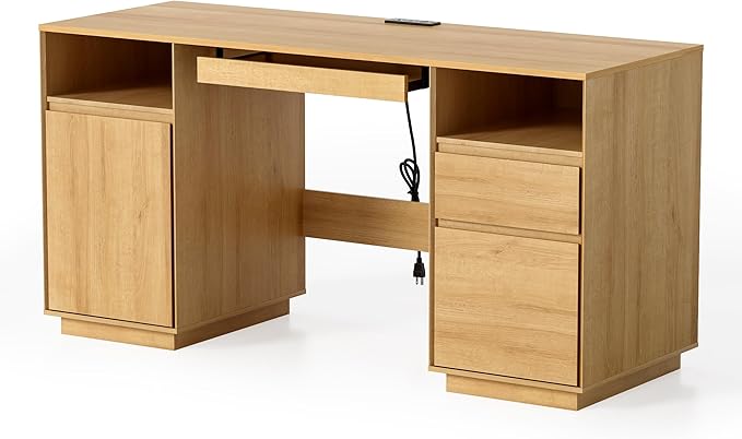 Farmhouse Executive Desk with File Drawer 59" Large Computer Desk Home Office Desk with Charging Station, Keyboard Tray, Storage Cabinet Modern Workspace for Study, Writing, Nautral Oak