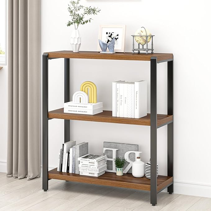 FOLUBAN Small Bookshelf and Bookcase, 3 Tier Low Short Book Shelf, Industrial Metal and Wood Book Case for Living Room Bedroom, Rustic Walnut