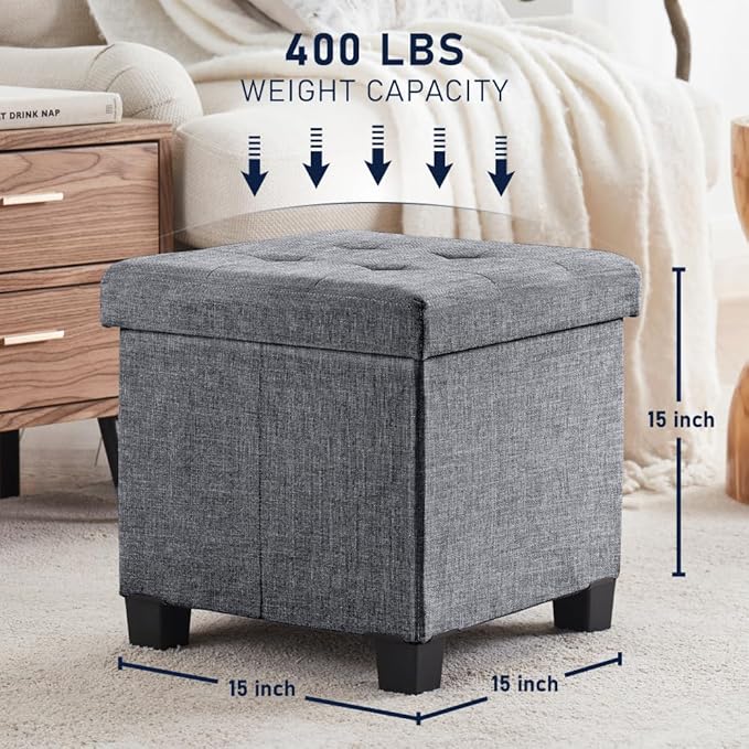 Ornavo Home 15 Inch Folding Storage Ottoman with Storage, Square Cube Linen Small Storage Ottoman Foot Rest Stool with Legs - Gray