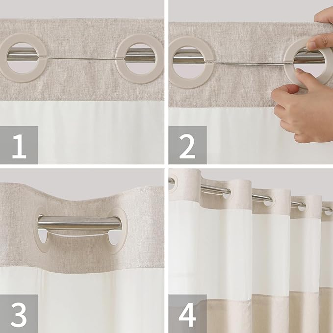 No Hooks Polyester Textured Shower Curtain with Snap-in Fabric Liner Set, Hotel Luxury Decor Shower Curtains for Bathroom with See Through Top Window, Waterproof & Washable, 71Wx74H, Cream