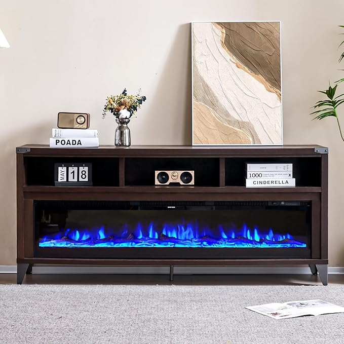 Amerlife 65" Fireplace TV Stand with 60" Glass Electric Fireplace, Industrial & Farmhouse Media Entertainment Center with Open Shelve Storage for TVs Up to 75", TV Console for Living Room, Espresso