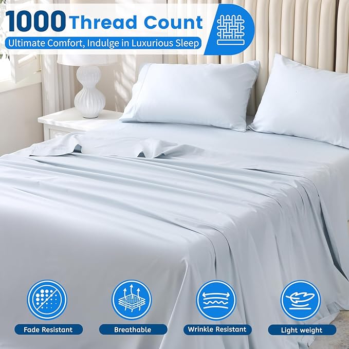 Bedlifes 1000 Thread Count 100% Egyptian Cotton King Size Sheets Set - Sateen Soft Silky Breathable Luxury Cooling 4 Pieces (Light Blue)