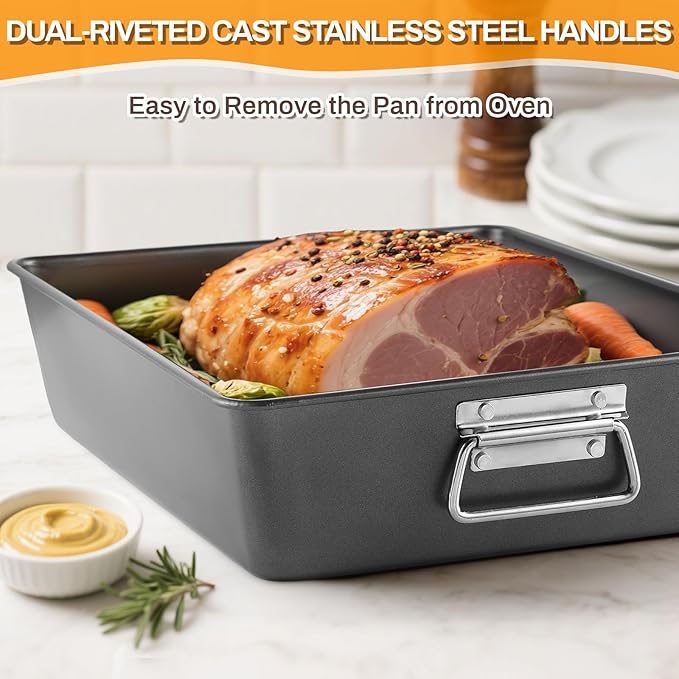 12PCS Nonstick Bakeware Set, Non-Toxic Carbon Steel Baking Pans Set with Wider Grip, Includes Roasting Pan, Cookie Sheet, Cake Pans, Muffin Pans, Cooling Rack, Oven Mitts, Easy Release