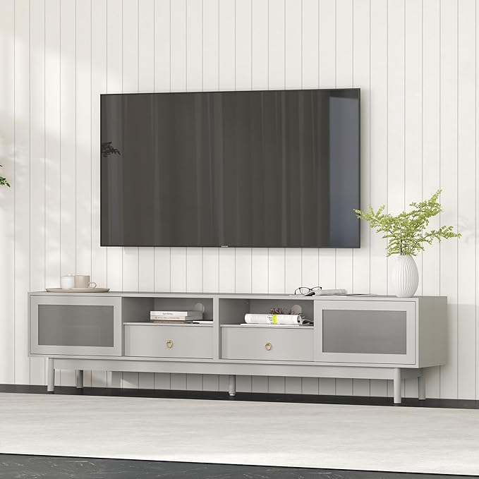 Bonzy Home TV Stand with Storage for 80 Inch TV, Modern Entertainment Center with Glass Doors and 2 Drawers, 86.6" Long TV Console for Living Room, Grey