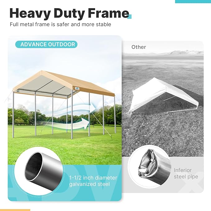 ADVANCE OUTDOOR 10x20 ft Heavy Duty Carport Potable Car Canopy Garage Party Tent Boat Shelter, Adjustable Height from 9.5 ft to 11 ft, Beige