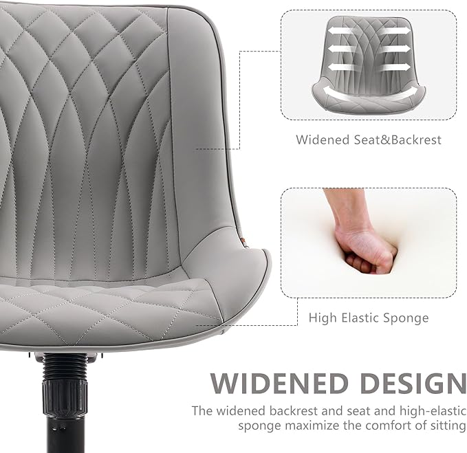 YOUNIKE Grey Ergonomic Home Office Desk Chair Armless Comfy Small Criss Cross Chair with Wheels Swivel Adjustable Modern Vanity Chair Wide Back Cute Leather Upholstered Rolling Task Chair No Arms