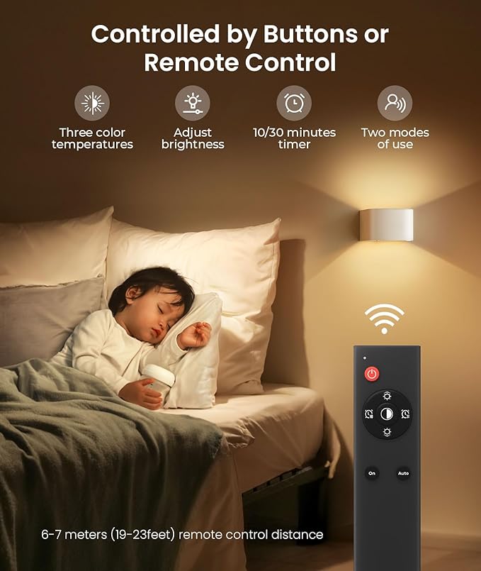 FULEN Motion Sensor Wall Light with Remote Control 3 Colors Wireless Wall Lamp LED Indoor Up and Down Wall Sconce 5000mAh Rechargeable Battery Powered Wall Lamps Brightness Adjustable, White 1 Pack