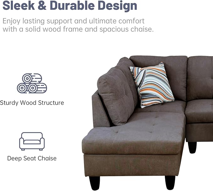 L-Shape 3-Piece Cloud Sofa, Couch for Living Room, Dark Brown Fluffy Fabric L-Shape with Reversible Chaise & Storage Ottoman, Ergonomic 110–115° Recline, Solid-Wood Frame