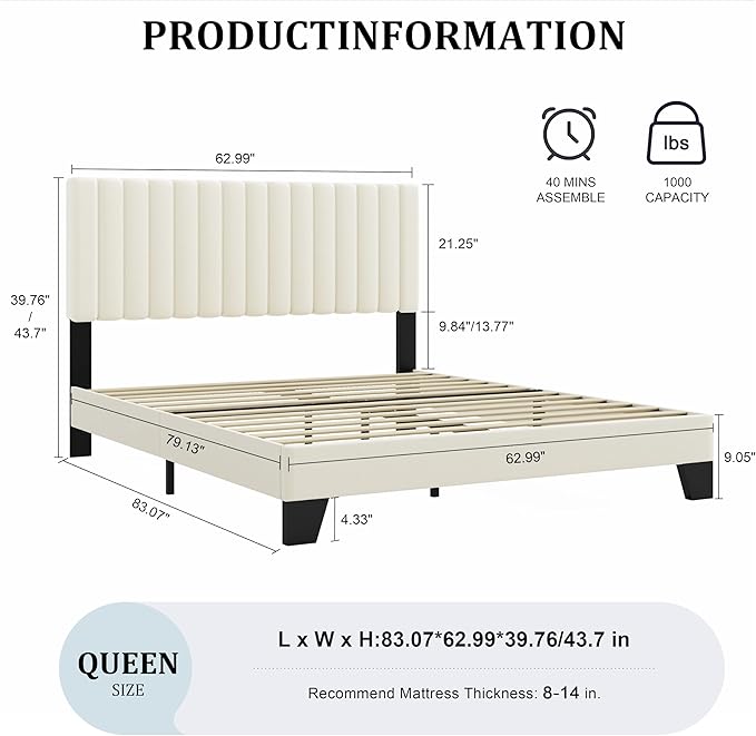 Queen Size Bed Frame, Velvet Upholstered Platform Bed with Adjustable Tufted Headboard, Sturdy Frame and Slats, Noiseless, No Box Spring Required, Easy to Assemble, Beige