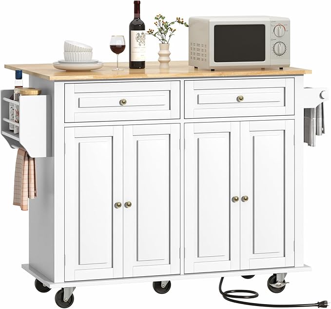 51.2" Movable Kitchen Island with Drop Leaf and Power Outlet, Rolling Island Cart w/Storage Cabinet, Island Table on Wheels for Kitchen w/2 Drawers, Spice Rack, Towel Bar, Garage Hook, White